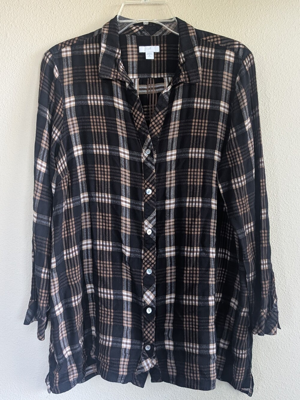 J.Jill Size XL Petite Black & Beige Plaid Button-Up Shirt